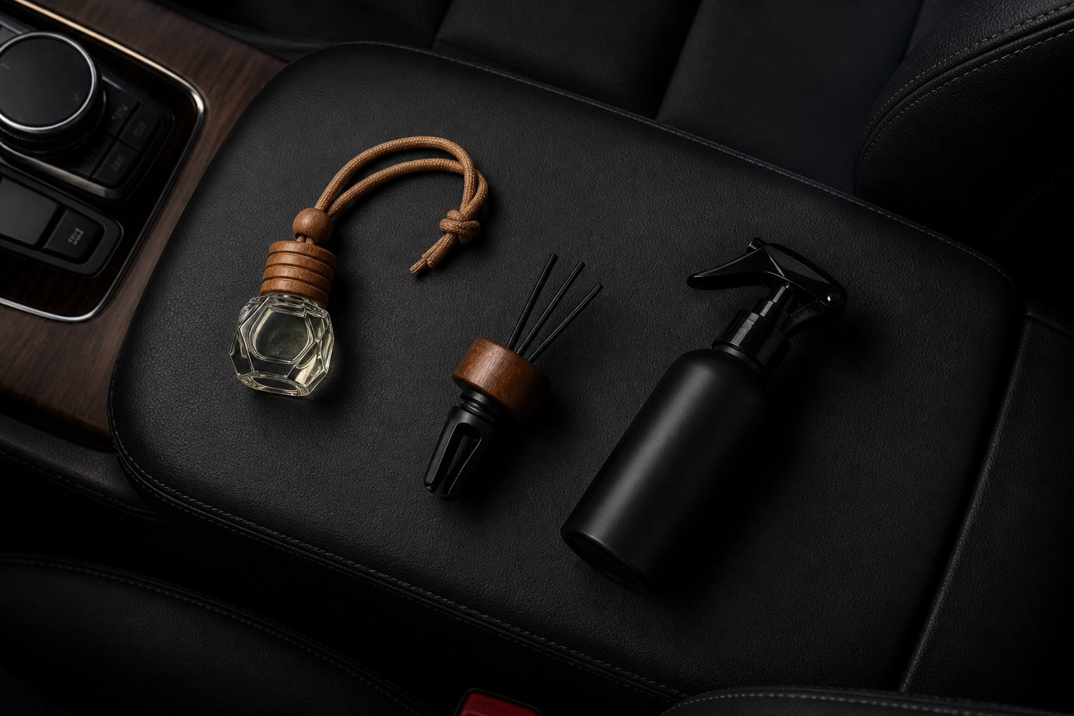 Three car fragrance formats arranged on a black leather console: hanging diffuser, vent diffuser and spray