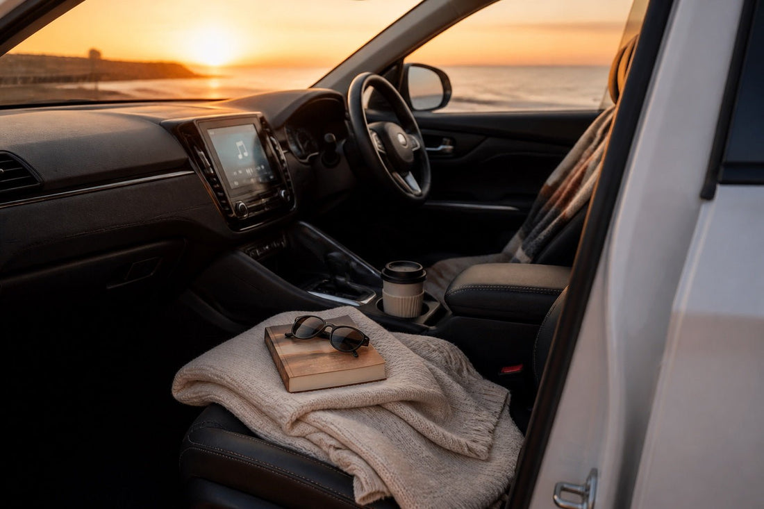 Personalised car cabin at sunset with a paperback, sunglasses, soft knit and reusable coffee cup