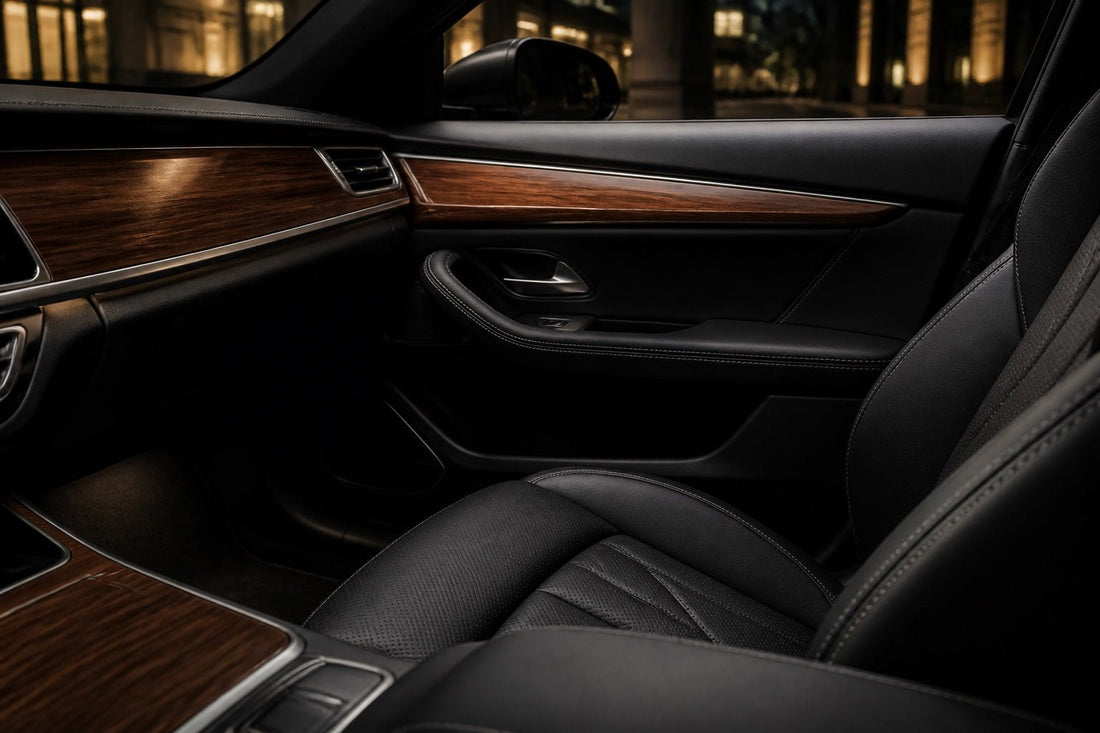 Close view of an immaculate black leather car interior with natural walnut and brushed metal at night