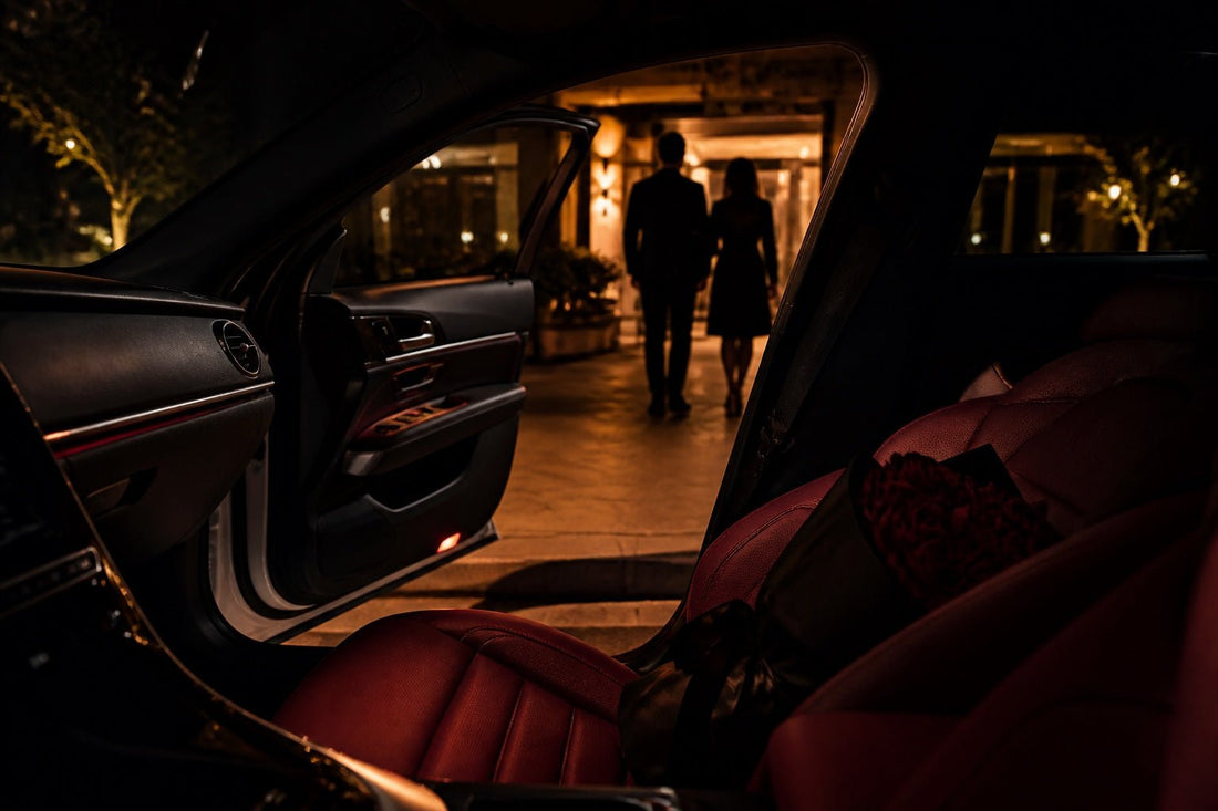 Prepared car interior with an open passenger door, dark roses and a couple approaching a softly lit restaurant