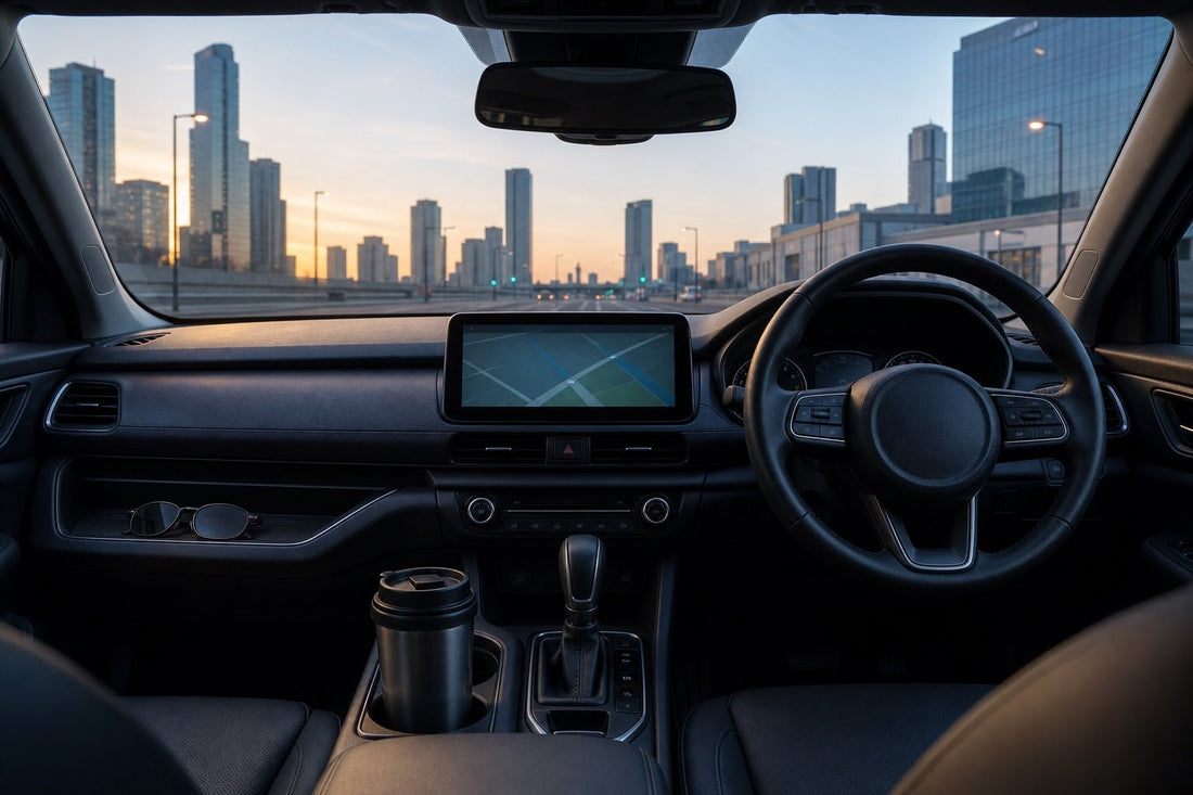 Organised right-hand-drive car interior at dawn with a secured travel cup and city skyline ahead
