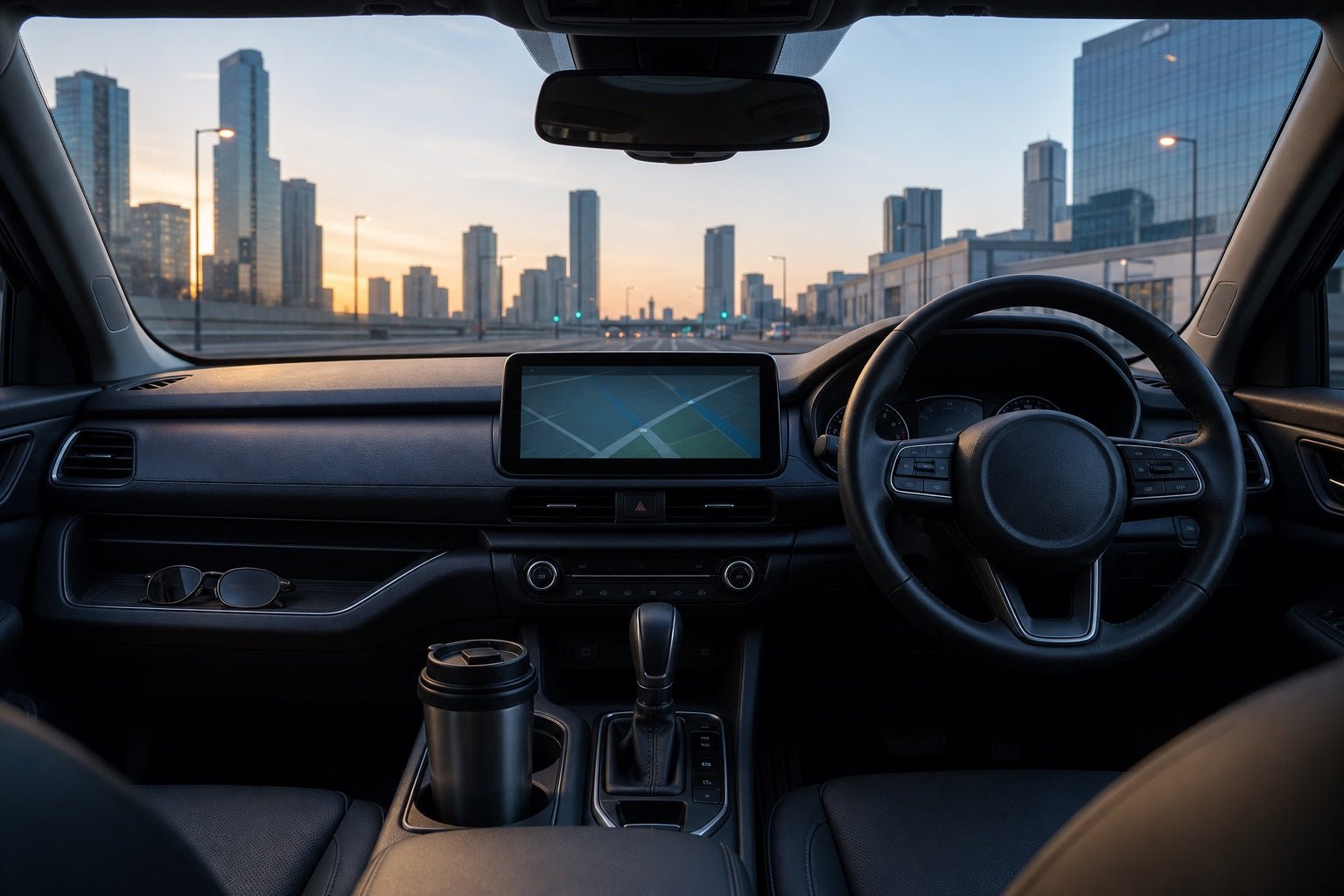 Organised right-hand-drive car interior at dawn with a secured travel cup and city skyline ahead