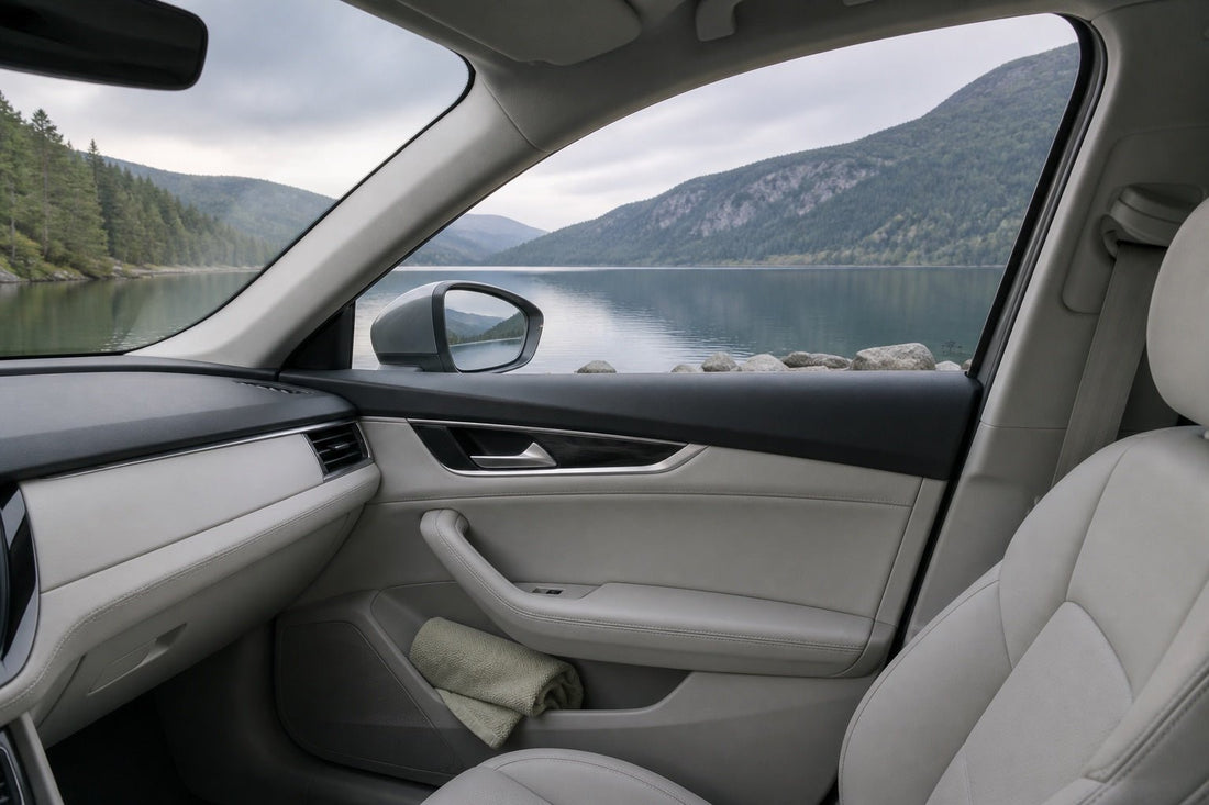 Minimal pale car interior beside a still mountain lake with a soft cloth folded in the door pocket