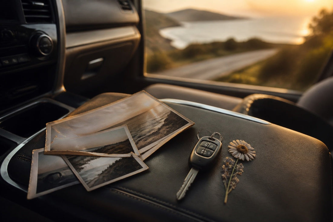 Old coastal road-trip photographs, a car key and pressed wildflowers on a centre console at golden hour