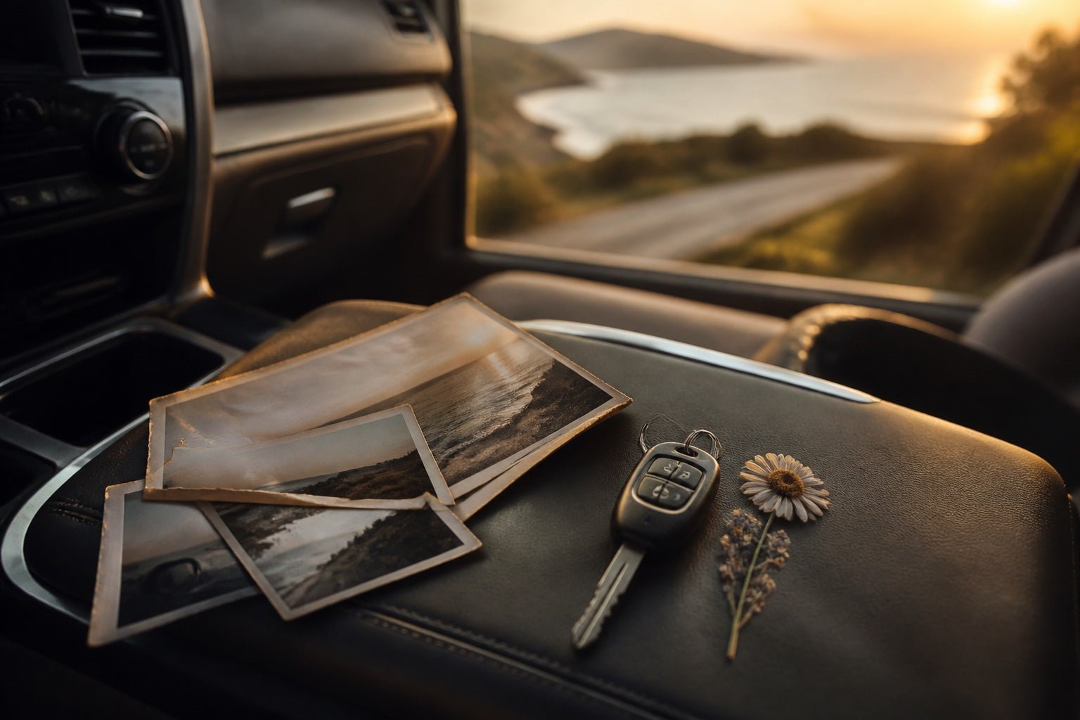 Old coastal road-trip photographs, a car key and pressed wildflowers on a centre console at golden hour