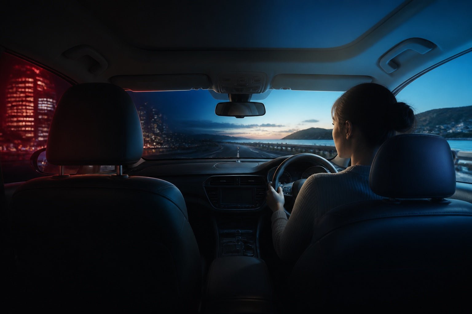 Driver inside one car cabin transitioning from cool coastal dawn to warm red city-night reflections