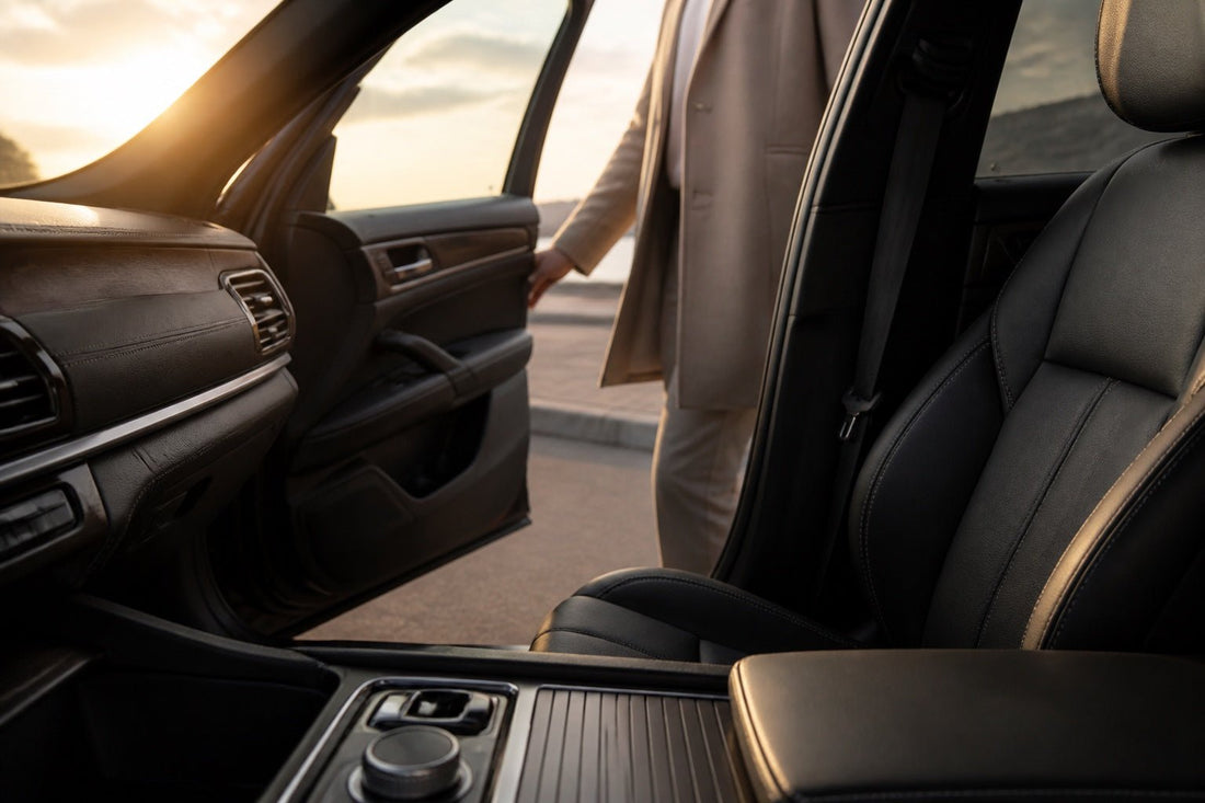 Person entering an immaculate black leather passenger cabin in soft golden evening light