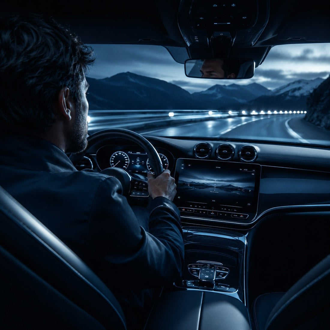Driver at the wheel of a luxury car on a winding mountain highway at night