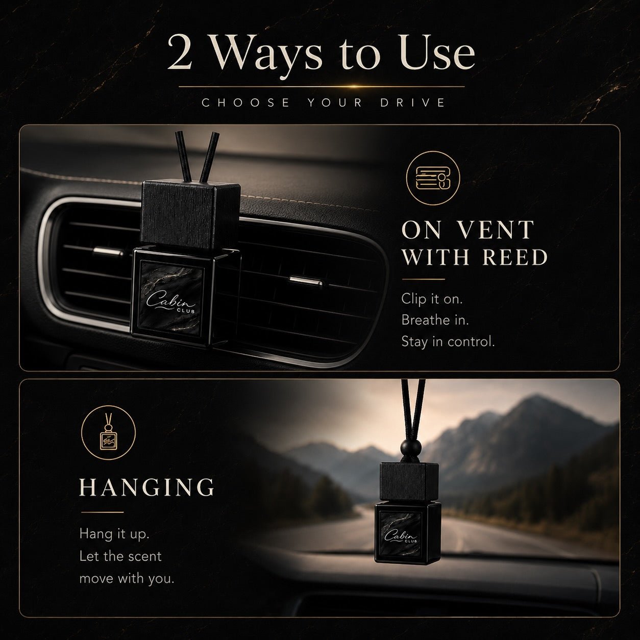 Two ways to use a Cabin Club car fragrance diffuser: clipped to an air vent with reeds or hanging from the rear-view mirror
