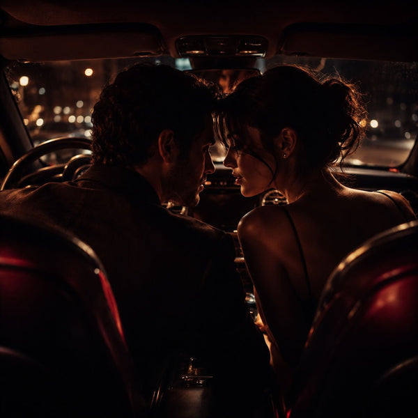 Couple sharing an intimate moment inside a car at night with warm city lights behind them
