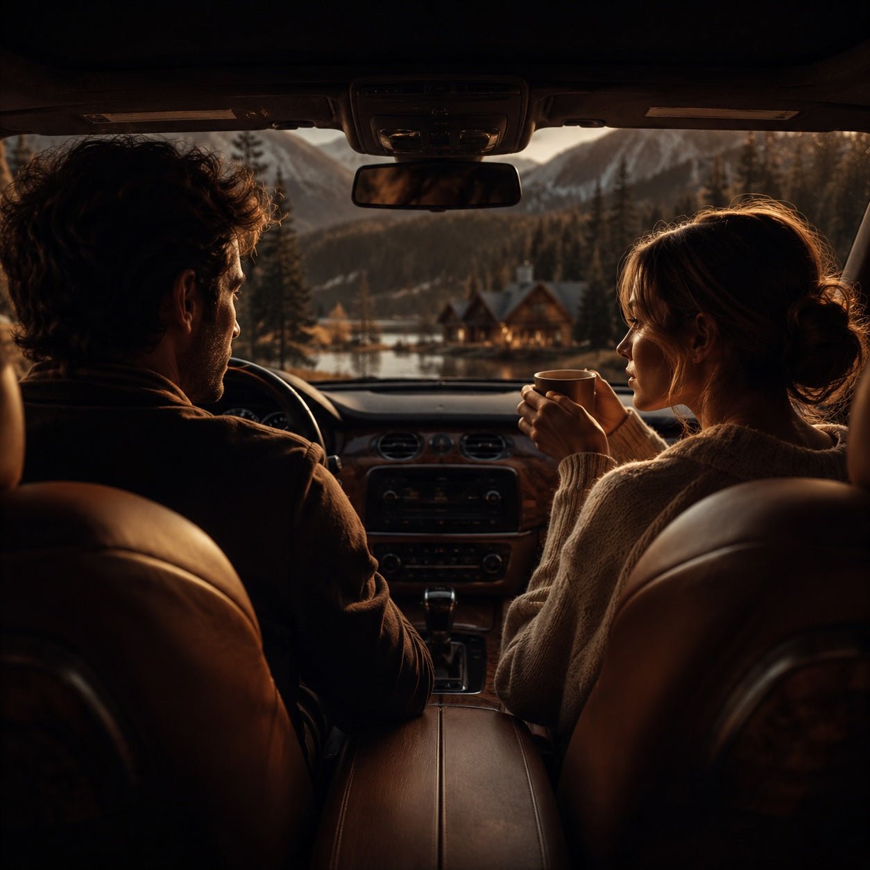 Couple in a car overlooking a snowy mountain village at dusk, with the passenger holding a warm drink