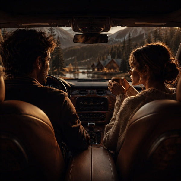 Couple in a car overlooking a snowy mountain village at dusk, with the passenger holding a warm drink