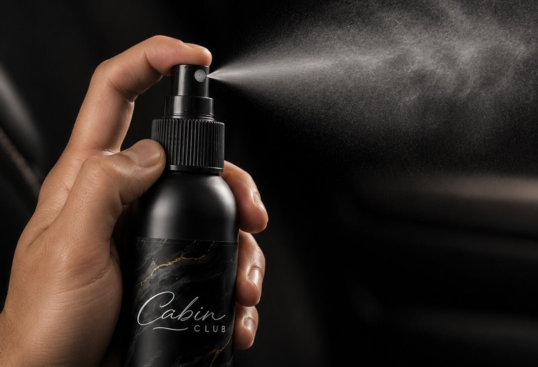Hand spraying Cabin Club car fragrance mist across a dark leather interior