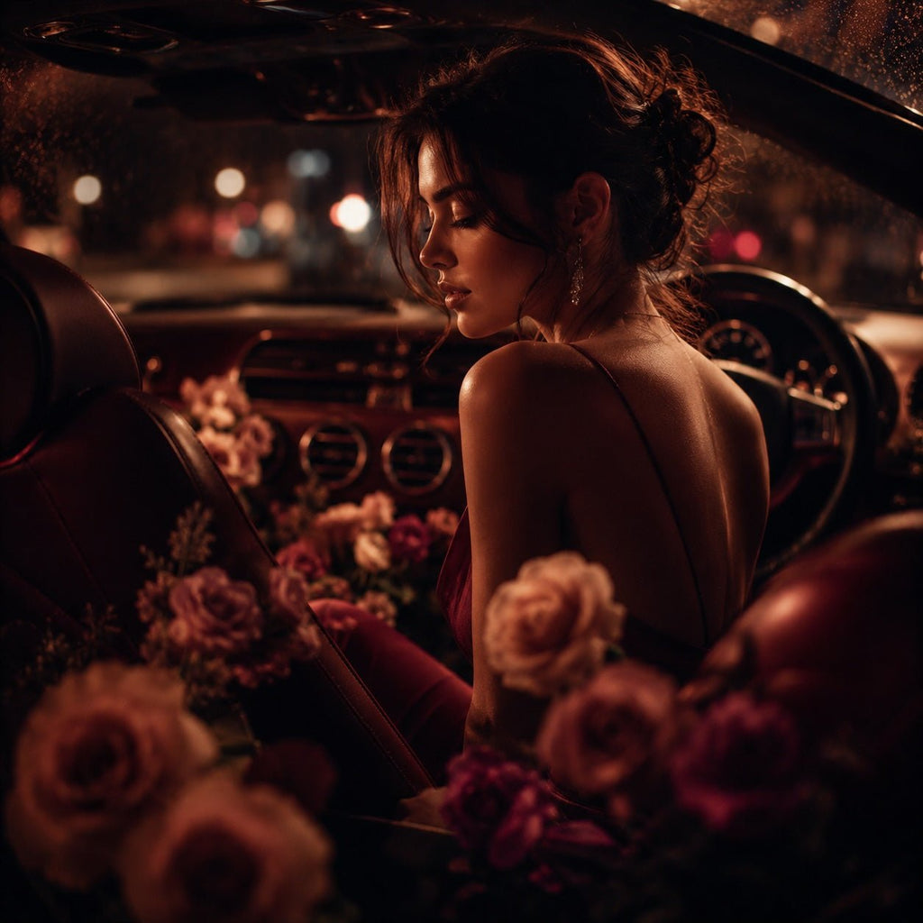 Woman seated in a luxury car at night surrounded by roses, with warm city lights blurred outside